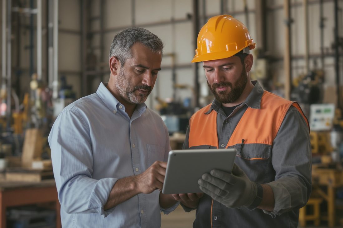 Un commercial et un technicien regardant ensemble la même tablette dans un atelier industriel