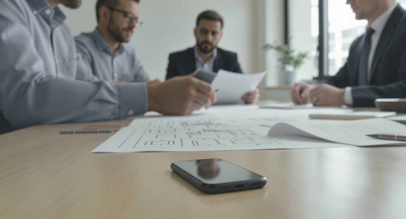 Réunion filmée par un enregistreur, plusieurs participants autour d'une table de travail