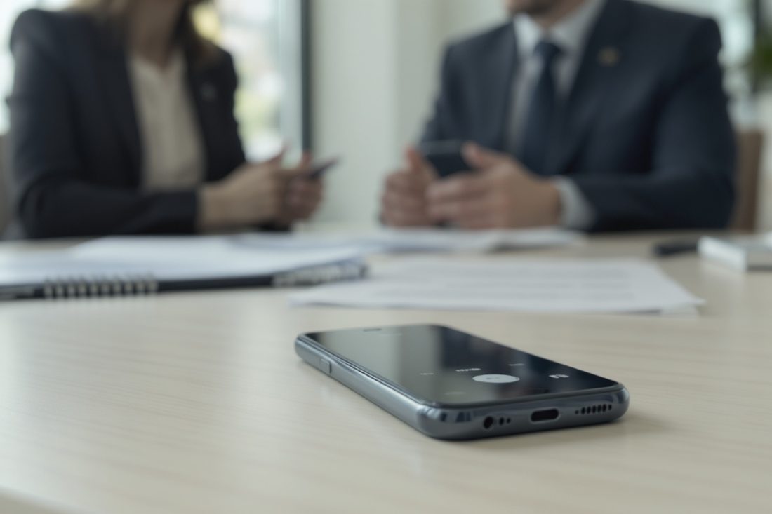 Gros plan d'un smartphone posé sur une table de réunion enregistrant une conversation, participants flous en arrière-plan