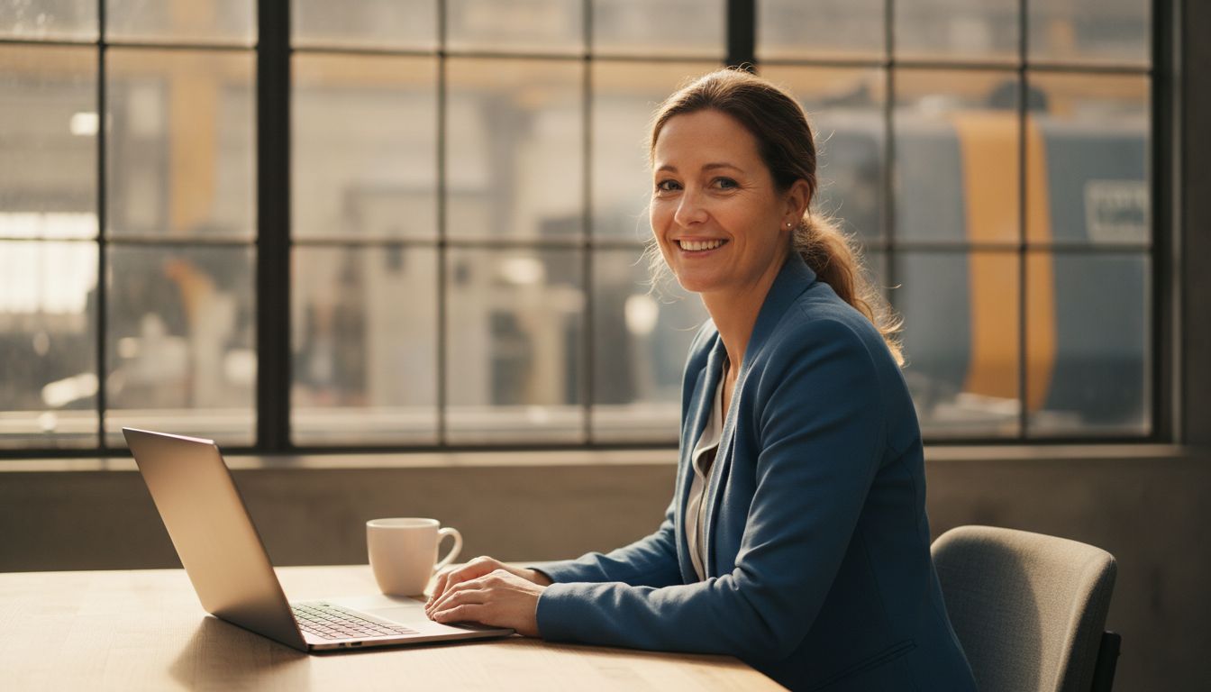 Dirigeante de PME souriante à son bureau, atelier en arrière-plan