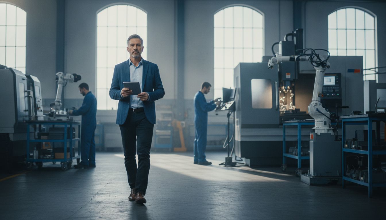 Dirigeant de PME industrielle traversant son atelier, tablette en main