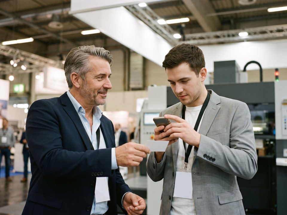Sur l'allée d'un salon industriel, un commercial d'une cinquantaine d'années tend une carte de visite en papier ; son interlocuteur d'une trentaine d'années la photographie avec son smartphone.