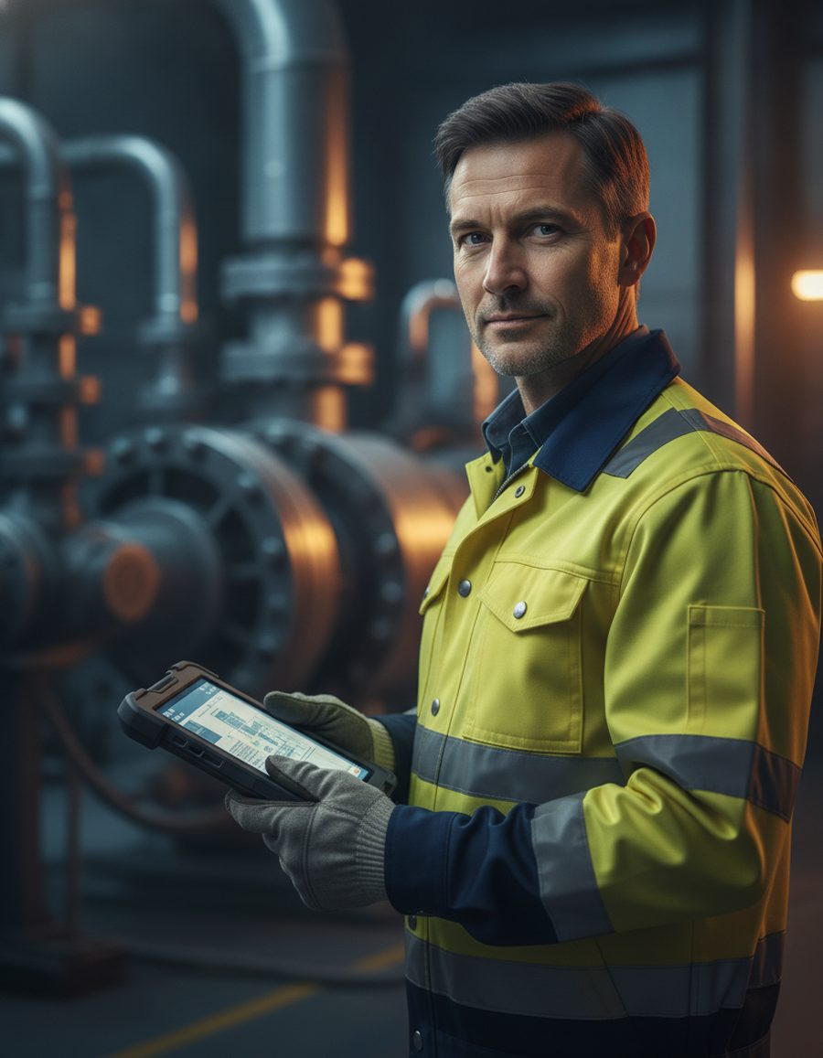 Technicien de contrôle avec sa tablette dans une installation industrielle