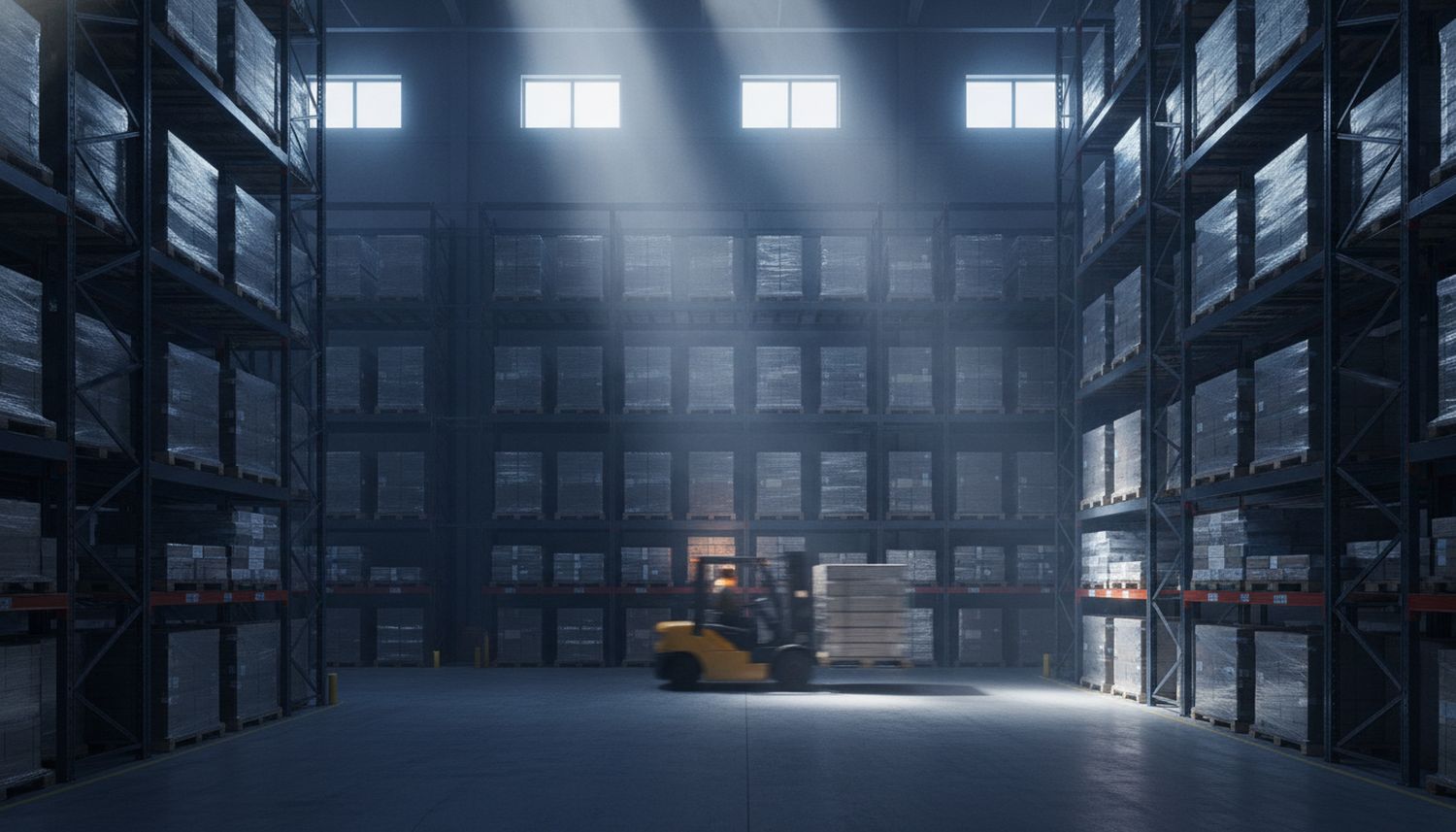 Entrepôt industriel avec rayonnages et chariot élévateur