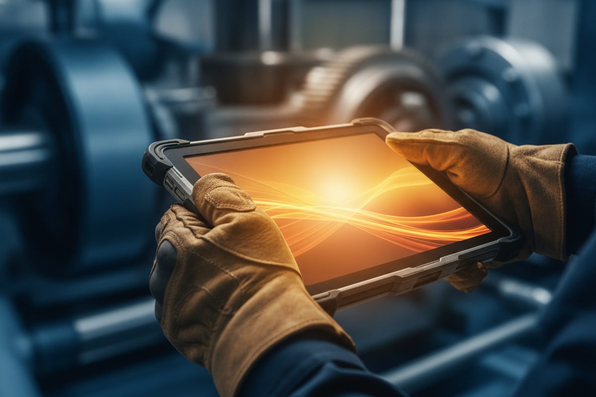Mains gantées tenant une tablette industrielle sur site