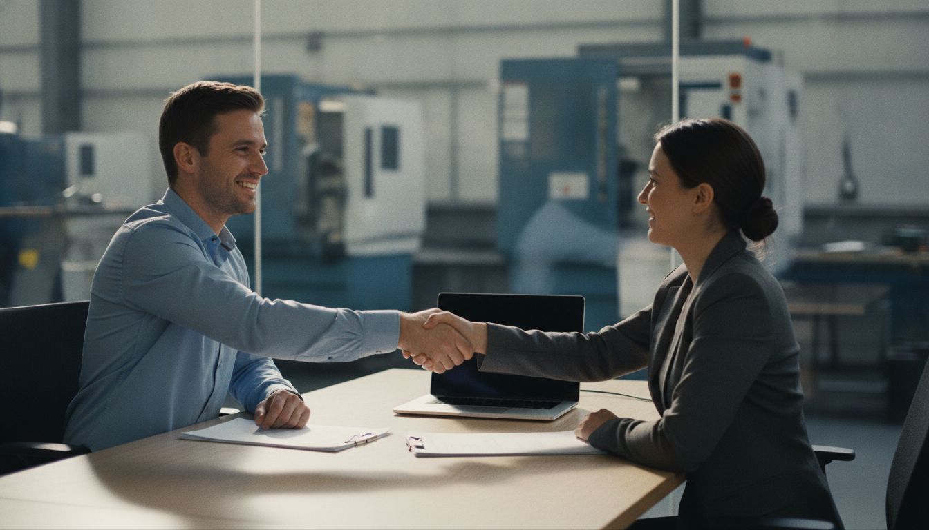 Commercial et cliente concluant une affaire