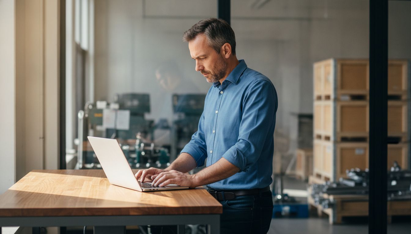 Responsable commercial d'une PME industrielle au travail près de l'atelier