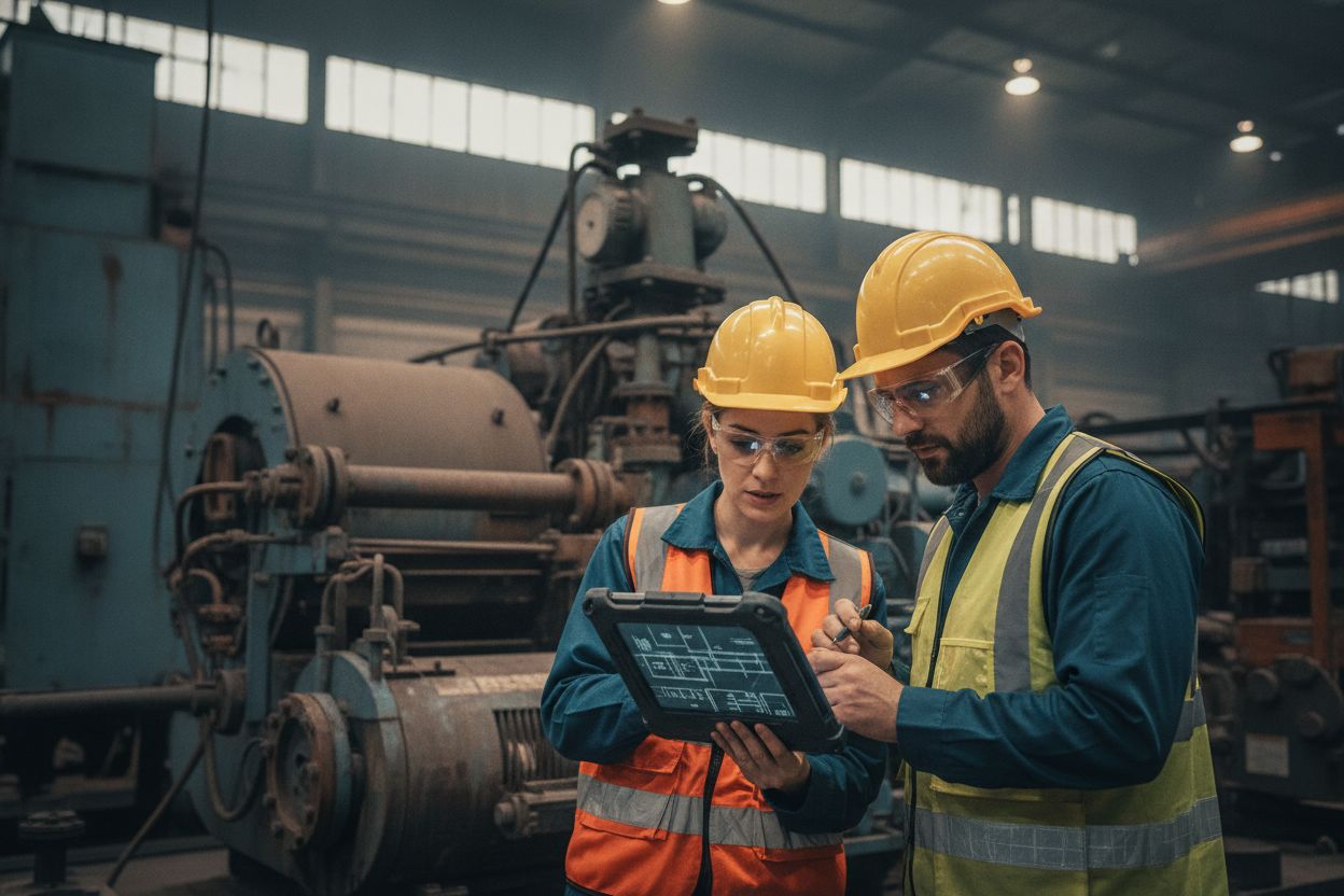 Réunion de chantier avec casques, revue sur tablette